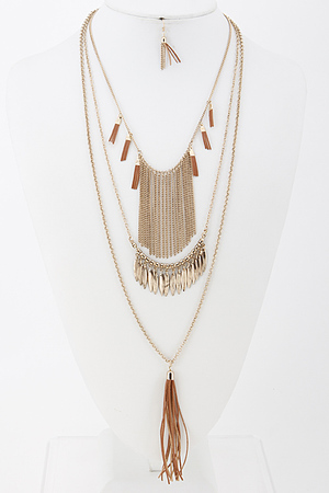 Tribal Layered Necklace Set with Tassel Fringe and Oval Charm Detail 5JCH1